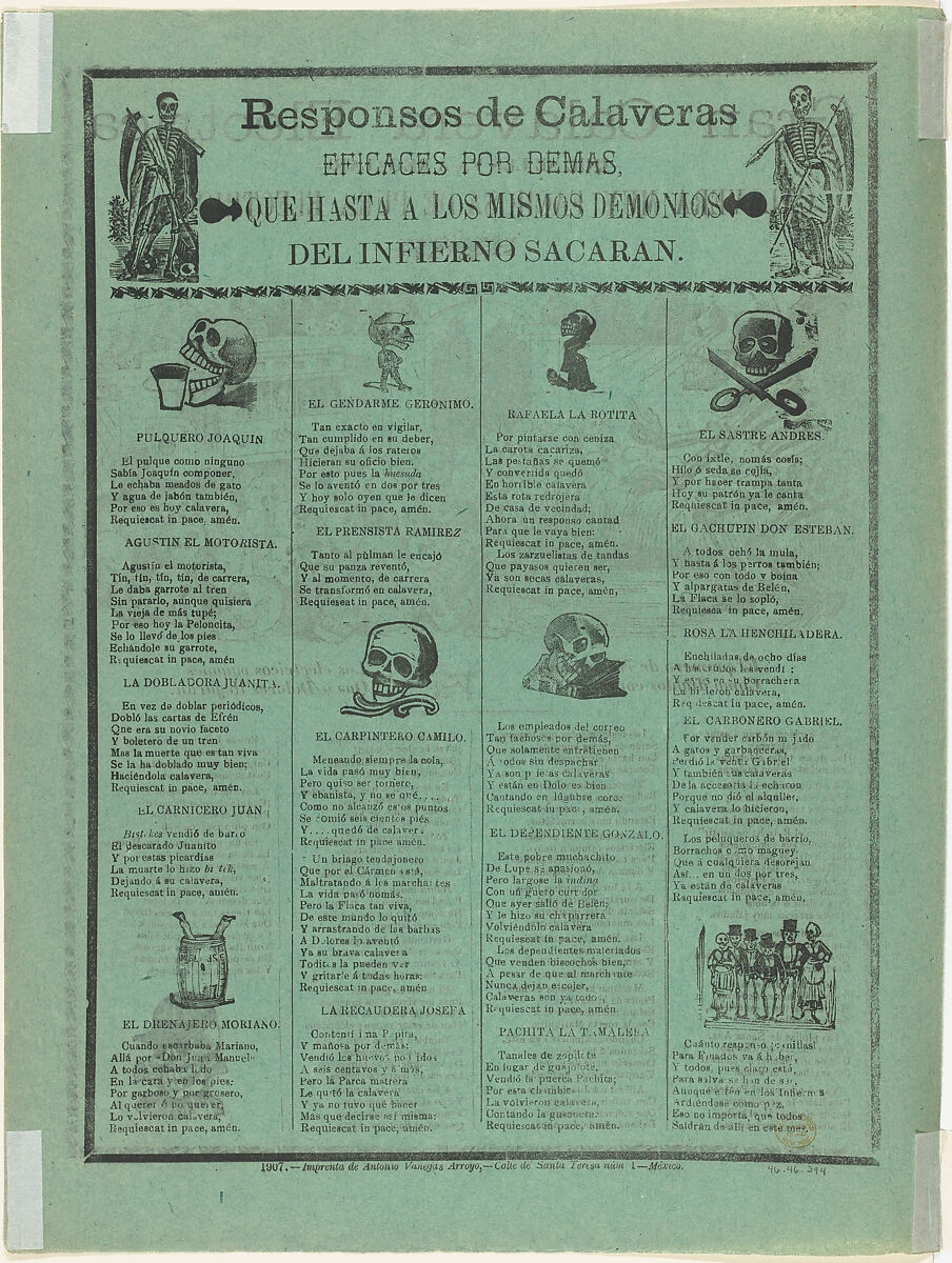 The grand electric skeleton, a large skeleton is hypnotizing a group of skulls and a sitting skeleton, an electric street car in the background, José Guadalupe Posada (Mexican, Aguascalientes 1852–1913 Mexico City), Zincograph, type-metal engraving and letterpress on green paper