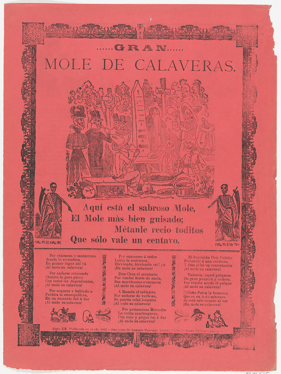 The grand skeleton mole, skeletons eating mole and drinking in a cemetery (Posada); flanked by skeletons holding scythes (Manilla), José Guadalupe Posada (Mexican, Aguascalientes 1852–1913 Mexico City), Zincograph,Type-metal engraving and letterpress on pink paper 