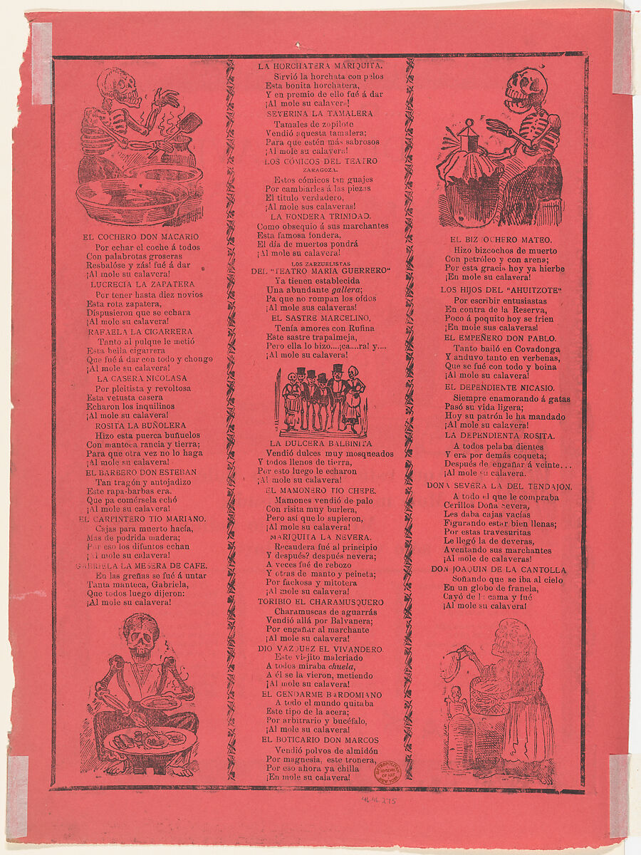 The grand skeleton mole, skeletons eating mole and drinking in a cemetery (Posada); flanked by skeletons holding scythes (Manilla), José Guadalupe Posada (Mexican, Aguascalientes 1852–1913 Mexico City), Zincograph,Type-metal engraving and letterpress on pink paper