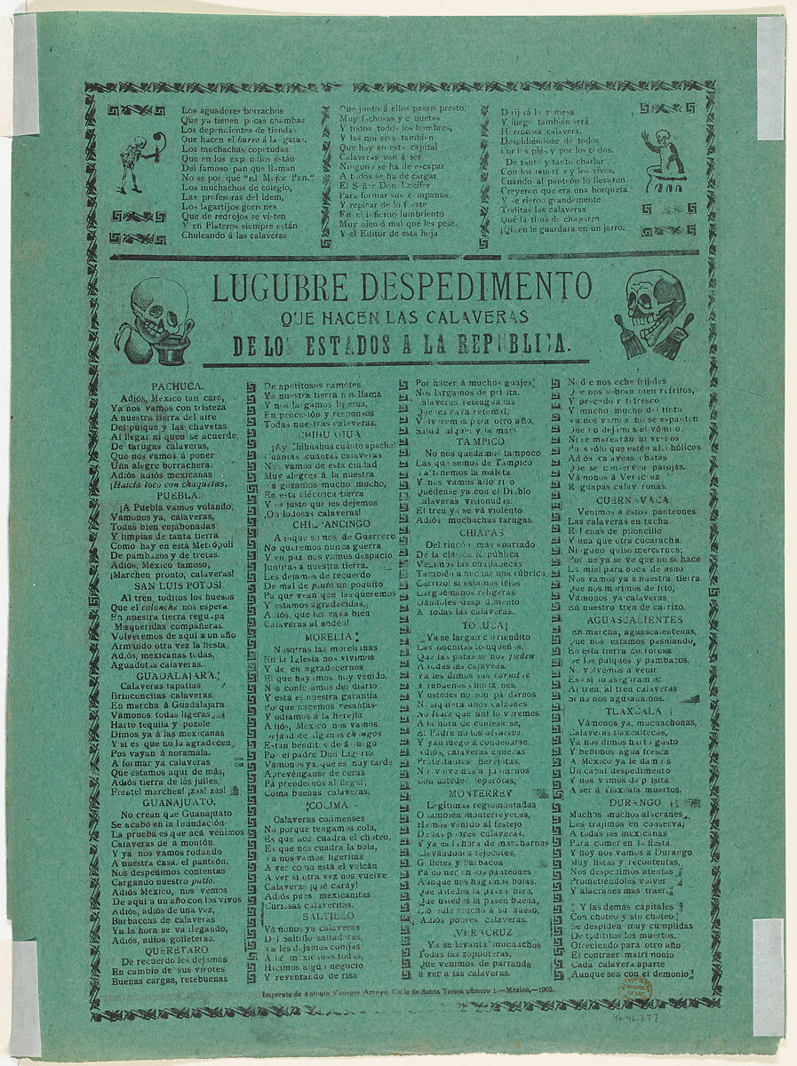 The pantheon of all the skeletons who are eating and drinking in a cemetery (Posada); flanked by skeletons holding scythes (Manilla), José Guadalupe Posada (Mexican, Aguascalientes 1852–1913 Mexico City), Zincograph, type-metal engraving and letterpress on green paper