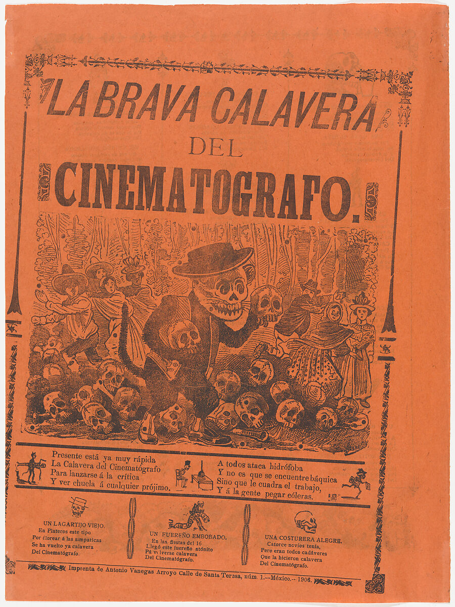 The brave cinematographer skeleton, José Guadalupe Posada (Mexican, Aguascalientes 1852–1913 Mexico City), Zincograph and letterpress on orange paper (printed off-centre on sheet) 