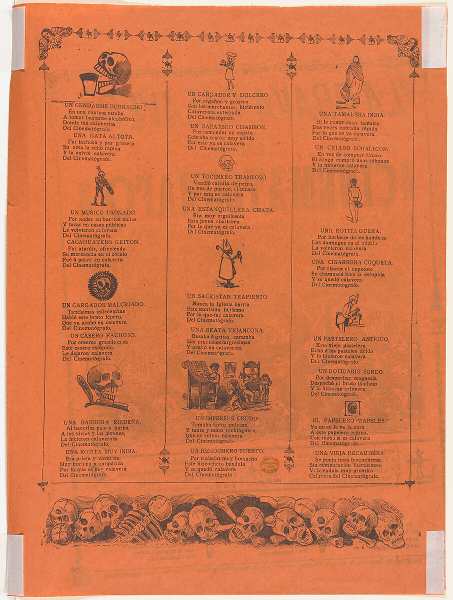 The brave cinematographer skeleton, José Guadalupe Posada (Mexican, Aguascalientes 1852–1913 Mexico City), Zincograph and letterpress on orange paper (printed off-centre on sheet)