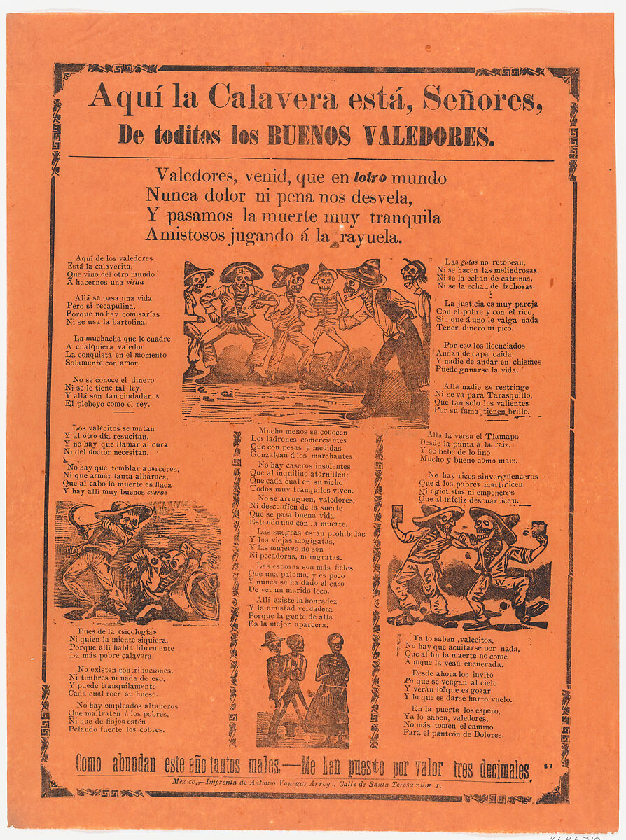 Skeletons of the good defenders, José Guadalupe Posada (Mexican, Aguascalientes 1852–1913 Mexico City), Type-metal engraving and letterpress on orange paper 