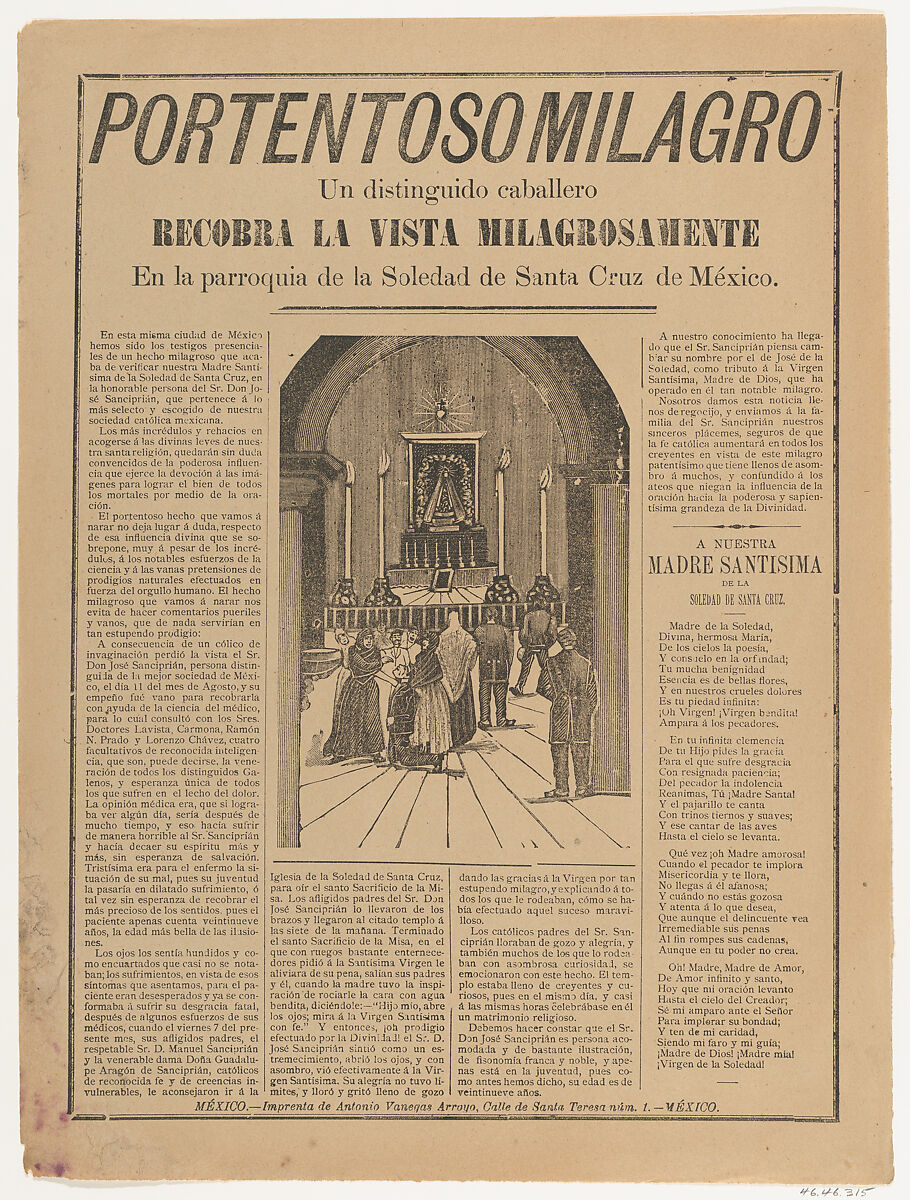Broadsheet relating to a miracle that occured when a distinguished man regained his sight in the parish church of Soledad de Santa Cruz, José Guadalupe Posada (Mexican, Aguascalientes 1852–1913 Mexico City), Type-metal engraving and letterpress on buff paper 