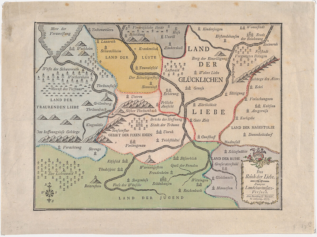 Valentine: Map of the Kingdom of Love (Das Reich der Liebe), Breitkopf &amp; Härtel (German), Printed on paper from type composition, hand-colored 