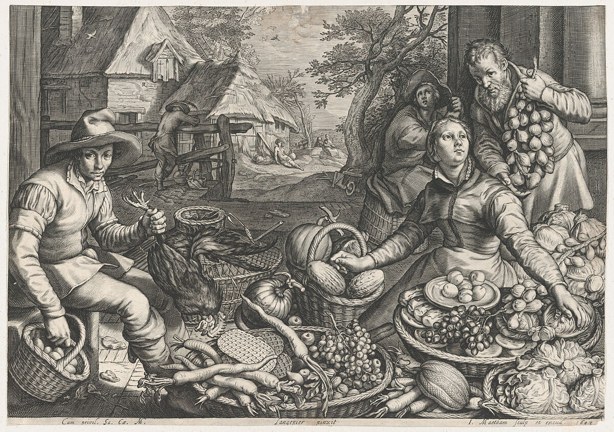 Market Scene, the Rest on the Flight into Egypt in the Background, from Kitchen and Market Scenes with Biblical Scenes in the Background, Jacob Matham (Netherlandish, Haarlem 1571–1631 Haarlem), Engraving; first state of two 
