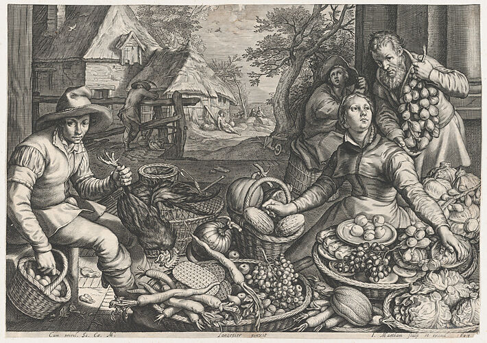 Market Scene, the Rest on the Flight into Egypt in the Background, from Kitchen and Market Scenes with Biblical Scenes in the Background