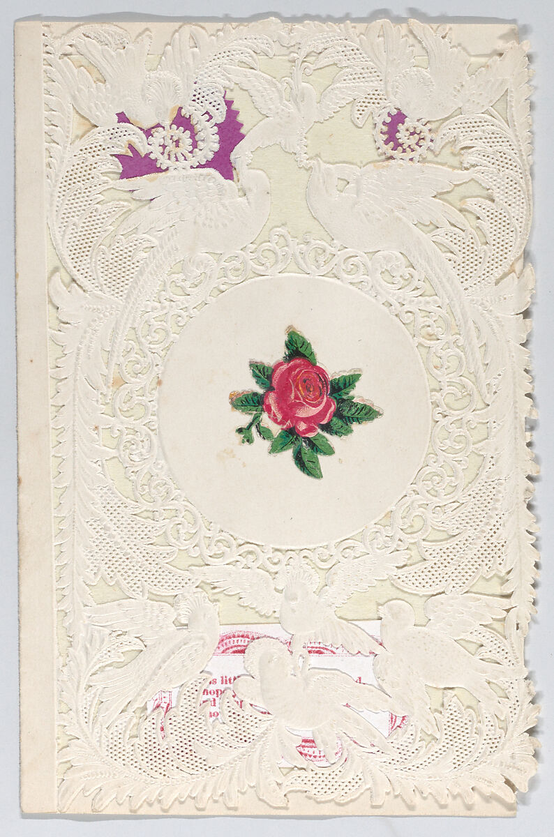 Valentine, Anonymous, Cameo-embossed, openwork lace paper, chromolithography, colored paper, red ink 