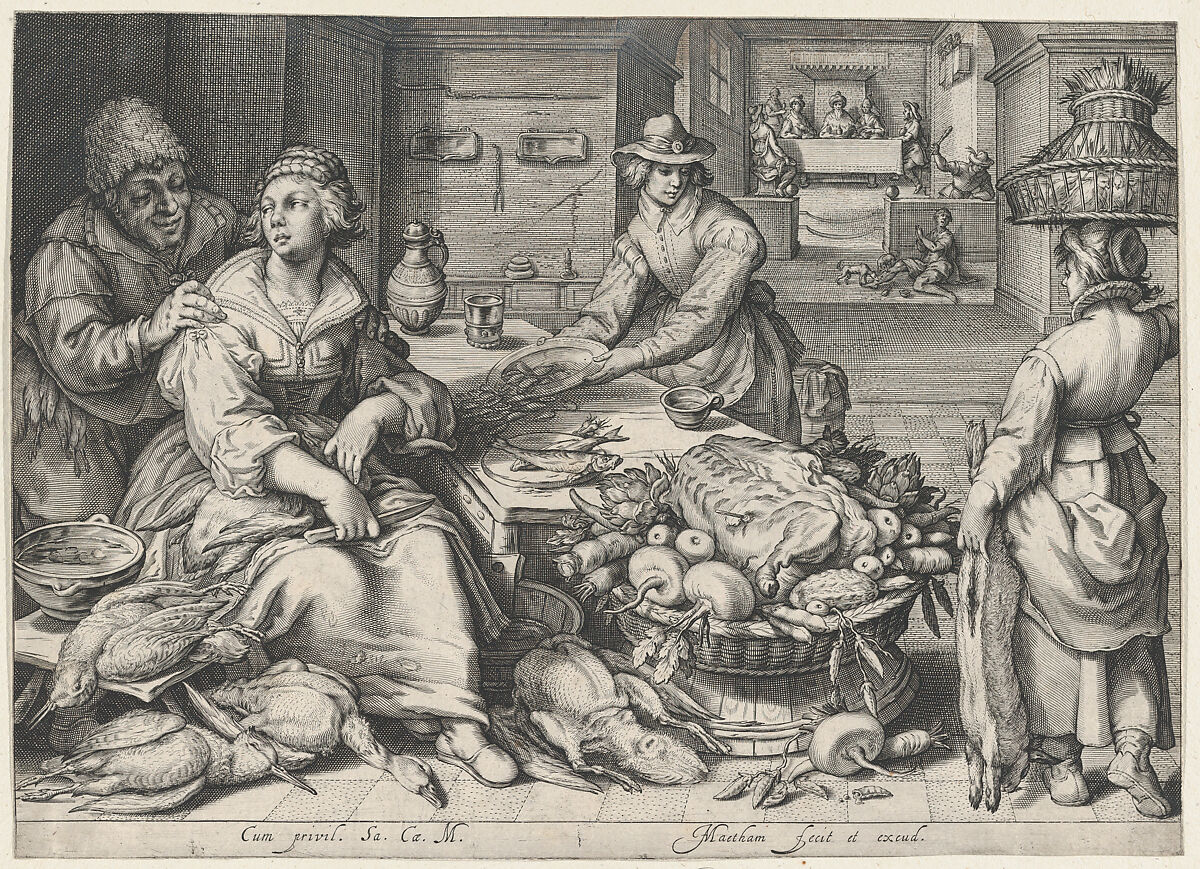 Kitchen Scene with a Maid Drawing Poultry, the Parable of the Rich Man and the Poor Lazarus, from Kitchen and Market Scenes with Biblical Scenes in the Background, Jacob Matham (Netherlandish, Haarlem 1571–1631 Haarlem), Engraving; first state of two 