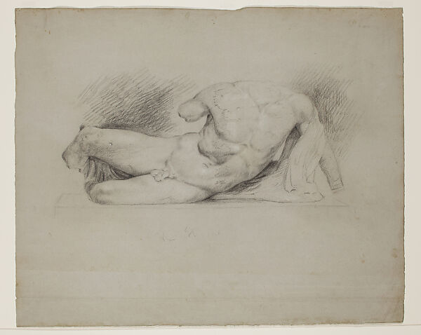 The Ilissus, from the Parthenon West Pediment, Thomas Cole (American, Lancashire 1801–1848 Catskill, New York), Black chalk heightened with white chalk on grayish blue wove paper, American 