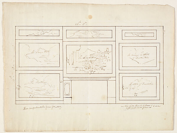 Layout for The Course of Empire, Thomas Cole (American, Lancashire 1801–1848 Catskill, New York), Pen and brown ink over graphite pencil on off-white wove paper, American 