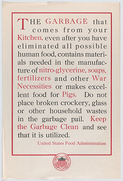 Keep the garbage clean and see that it is utilized, United States Food Administration, Commercial color lithograph 