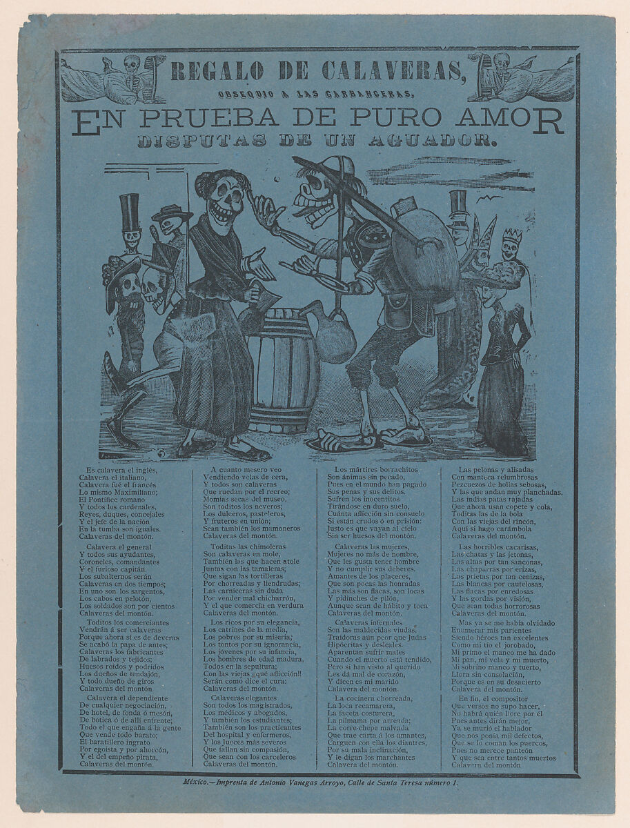 In proof of true love, a watercarrier skeleton arguing with a woman (Posada); two skeleton angels in upper corners (Manilla), José Guadalupe Posada (Mexican, Aguascalientes 1852–1913 Mexico City), Type-metal engraving and letterpress on blue paper 