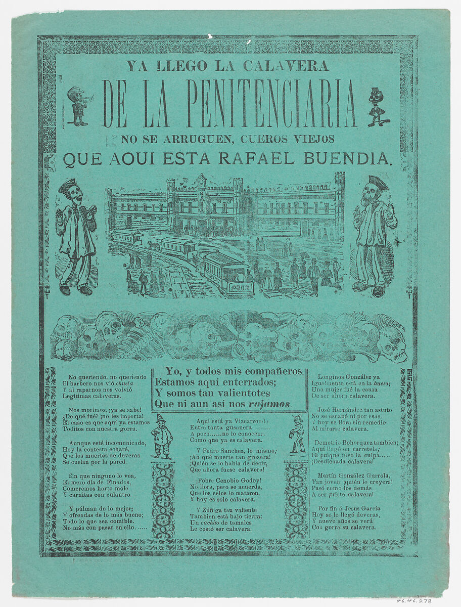 The arrival of the skeletons of the penitentiary (Posada); two skeleton angels in lower corners of verso (Manilla), José Guadalupe Posada (Mexican, Aguascalientes 1852–1913 Mexico City), Zincograph and letterpress on green paper 