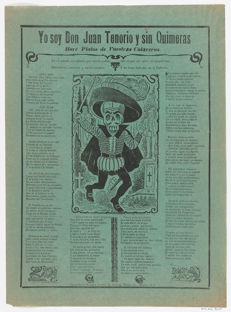 The skeleton of Don Juan Tenorio, José Guadalupe Posada (Mexican, Aguascalientes 1852–1913 Mexico City), Zincograph and letterpress on green paper 