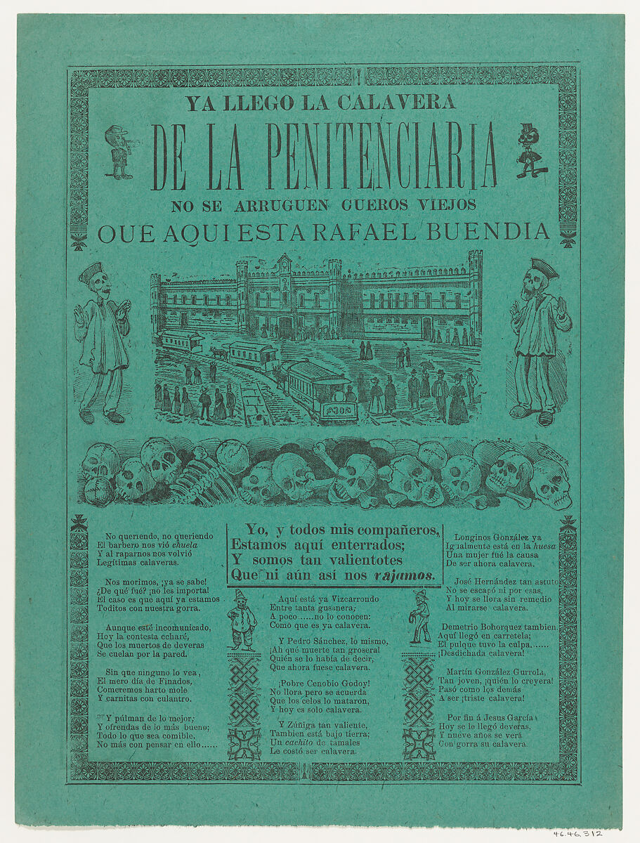 The arrival of the skeletons of the penitentiary (Posada); two skeleton angels in lower corners of verso (Manilla), José Guadalupe Posada (Mexican, Aguascalientes 1852–1913 Mexico City), Zincograph and letterpress on green paper 