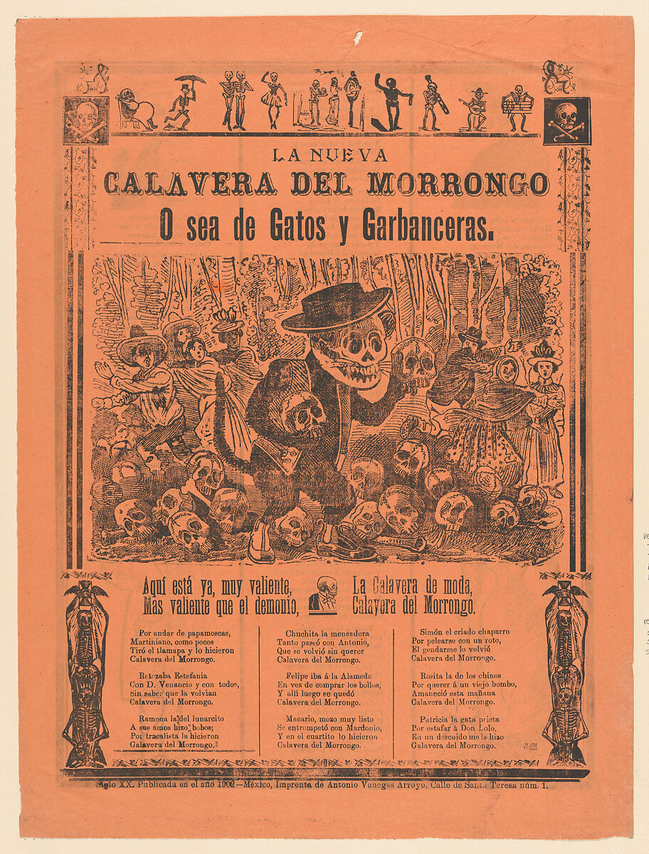 The new skeleton of the servant class or for tomcats and maids, José Guadalupe Posada (Mexican, Aguascalientes 1852–1913 Mexico City), Zincograph and letterpress on orange paper 