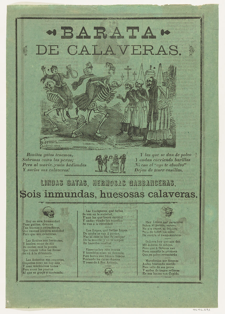 The sale of skeletons, José Guadalupe Posada (Mexican, Aguascalientes 1852–1913 Mexico City), Type-metal engraving and letterpress on green paper 