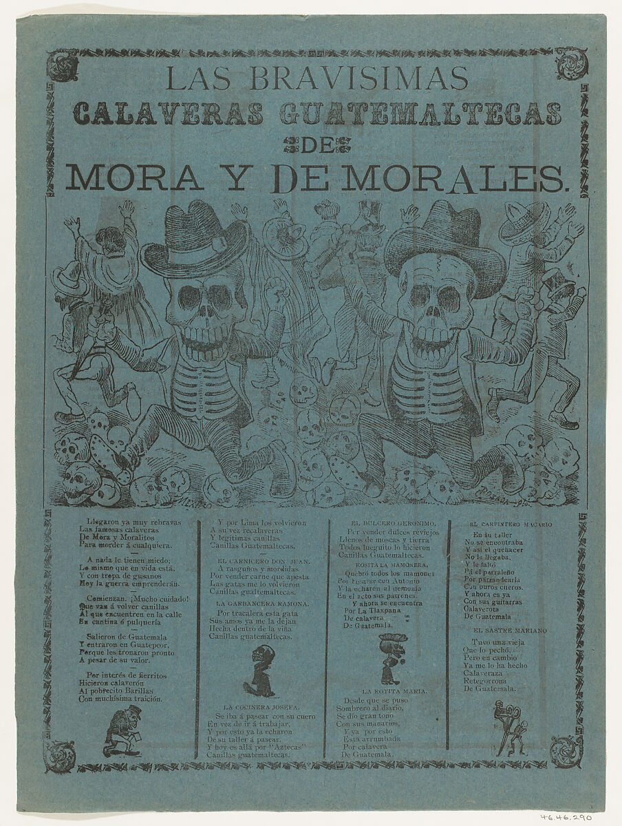 The very brave skeletons Guatemaltecas of Mora and of Morales, José Guadalupe Posada (Mexican, Aguascalientes 1852–1913 Mexico City), Zincograph and letterpress on blue paper 