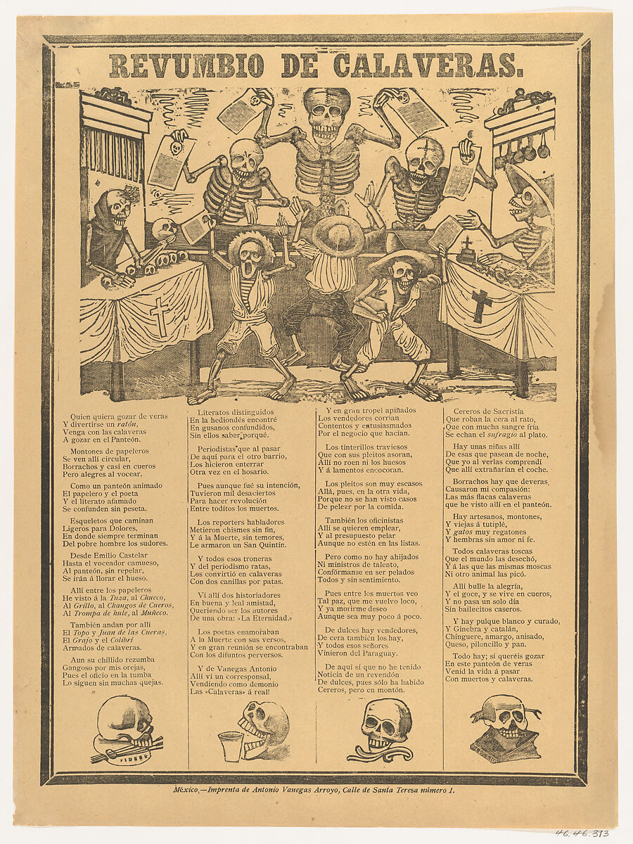 Skeletons hawking their wares and shouting about teetotalers, drunkards, old men and kids, tomcats and working girls, José Guadalupe Posada (Mexican, Aguascalientes 1852–1913 Mexico City), Type-metal engraving and letterpress on yellow paper 
