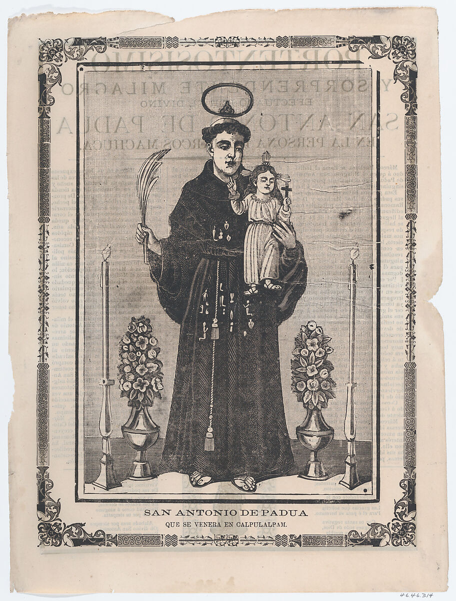 Broadsheet with image of Saint Antony of Padua, José Guadalupe Posada (Mexican, Aguascalientes 1852–1913 Mexico City), Type-metal engraving and letterpress on buff paper 