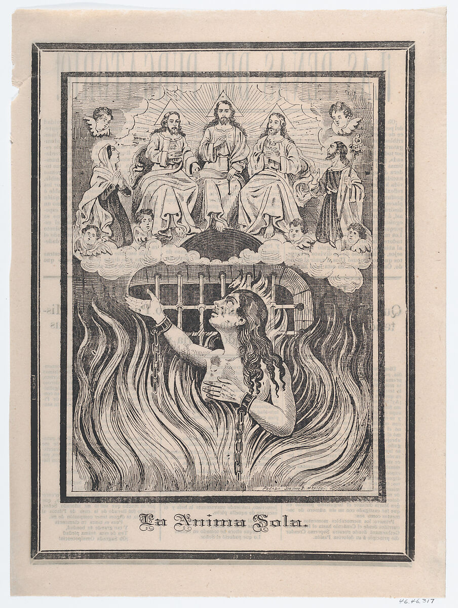 Broadsheet with image of a chained woman in purgatory and the Holy Trinity above, José Guadalupe Posada (Mexican, Aguascalientes 1852–1913 Mexico City), Zincograph  and letterpress on buff paper 