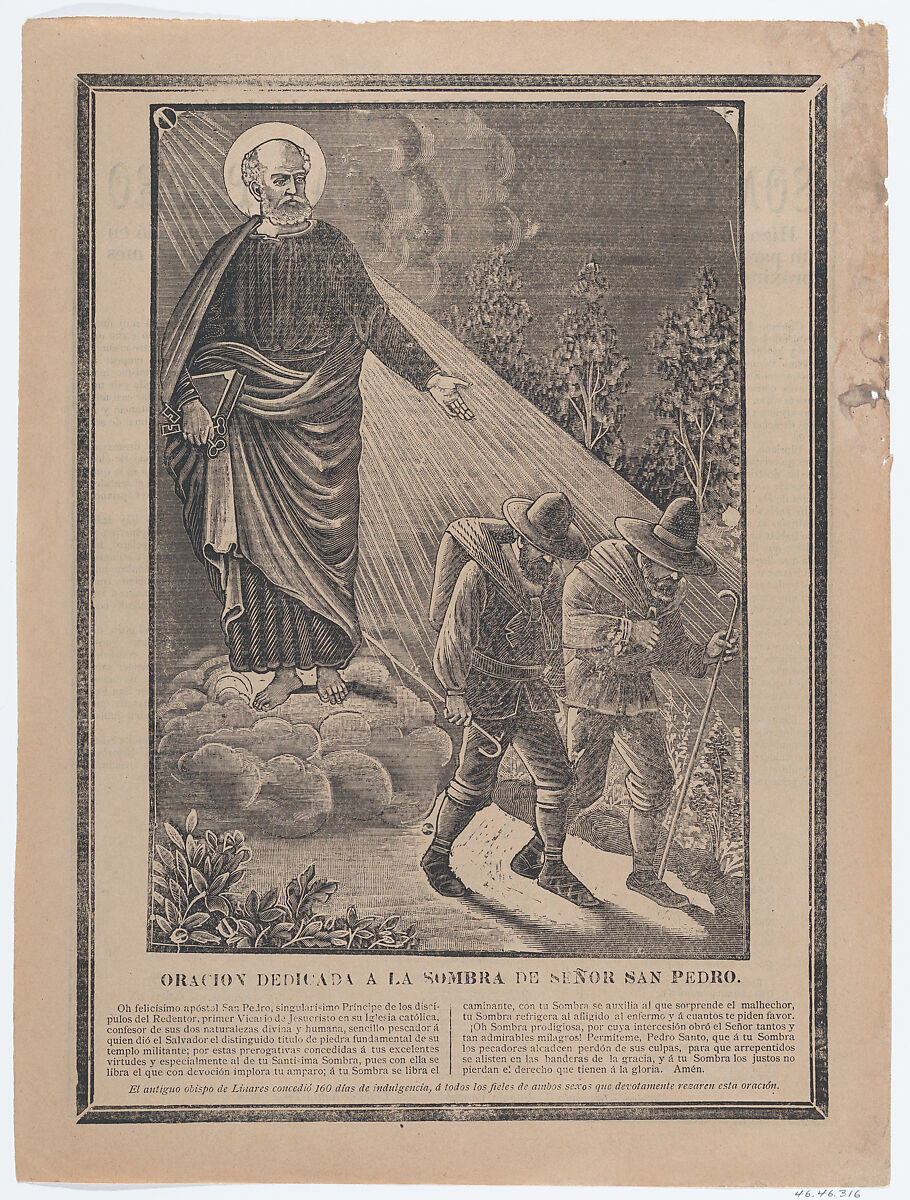 Indulgence with an image of St Peter watching over two pilgrims, José Guadalupe Posada (Mexican, Aguascalientes 1852–1913 Mexico City), Type-metal engraving and letterpress on buff paper 