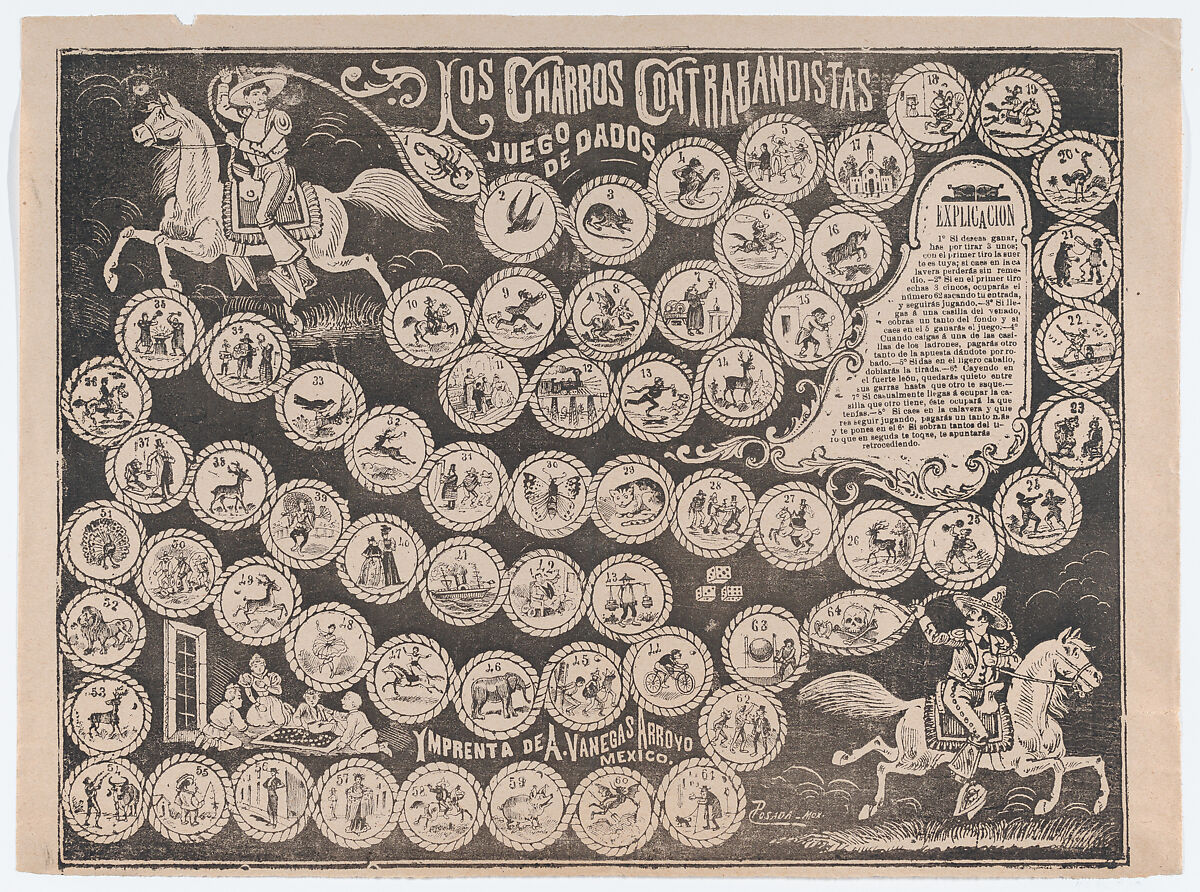 Game of the cowboy smugglers (Los charros contrabandistas), José Guadalupe Posada (Mexican, Aguascalientes 1852–1913 Mexico City), Zincograph and letterpress on buff paper 