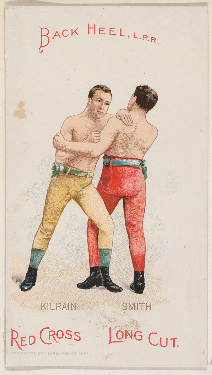 Back Heel, L.P.R., Jake Kilrain and Jem Smith, from the Boxing Positions and Boxers series (N266) issued by P. Lorillard Company to promote Red Cross Long Cut Tobacco, Issued by P. Lorillard Company (American), Commercial color lithograph 