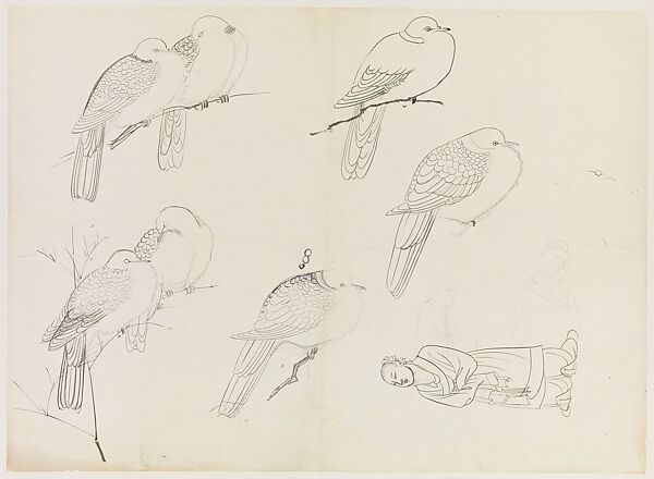 Birds and Human Figure, Xie Zhiliu (Chinese, 1910–1997), Drawing; ink on tracing paper, China 