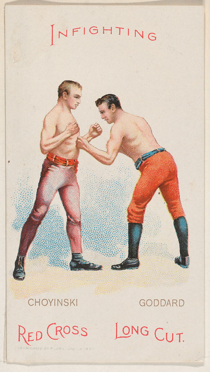 Infighting, Joe Goddard and Joe Chovinski, from the Boxing Positions and Boxers series (N266) issued by P. Lorillard Company to promote Red Cross Long Cut Tobacco, Issued by P. Lorillard Company (American), Commercial color lithograph 