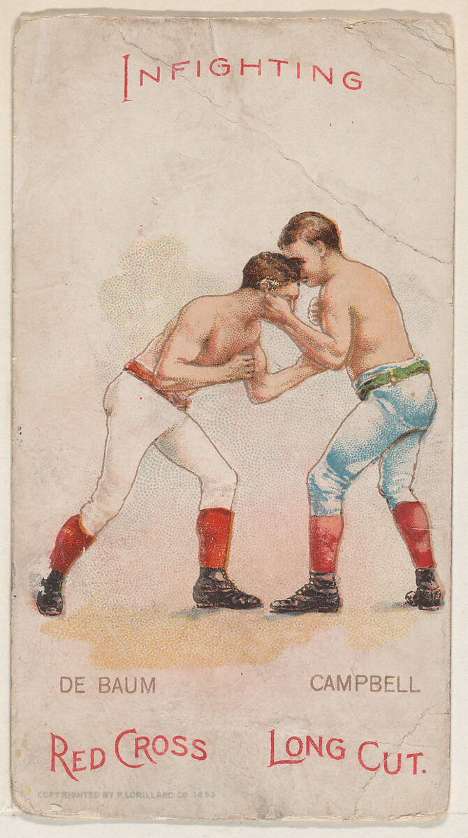 Infighting, Walter De Baum and Walter Campbell, from the Boxing Positions and Boxers series (N266) issued by P. Lorillard Company to promote Red Cross Long Cut Tobacco, Issued by P. Lorillard Company (American), Commercial color lithograph 