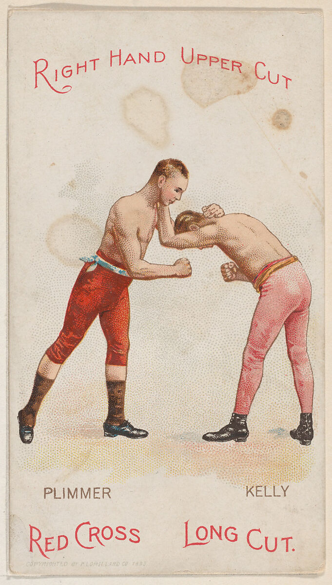 Right Hand Upper Cut, Billy Plimmer and Tommy Kelly, from the Boxing Positions and Boxers series (N266) issued by P. Lorillard Company to promote Red Cross Long Cut Tobacco, Issued by P. Lorillard Company (American), Commercial color lithograph 