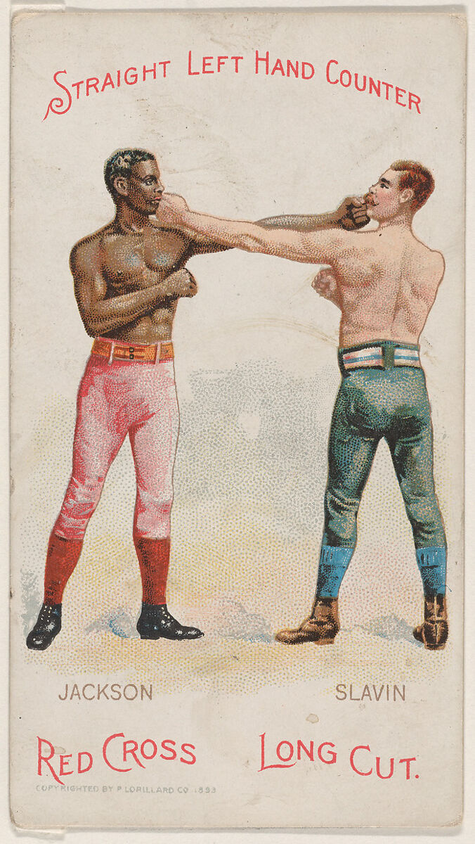 Straight Left Hand Counter, Peter Jackson and Fred Slavin, from the Boxing Positions and Boxers series (N266) issued by P. Lorillard Company to promote Red Cross Long Cut Tobacco, Issued by P. Lorillard Company (American), Commercial color lithograph 