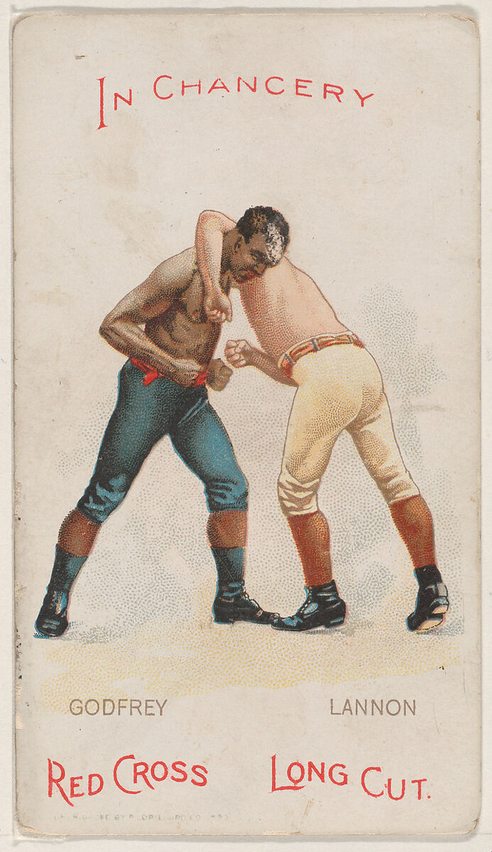 In Chancery, George Godfrey and Joe Lannon, from the Boxing Positions and Boxers series (N266) issued by P. Lorillard Company to promote Red Cross Long Cut Tobacco, Issued by P. Lorillard Company (American), Commercial color lithograph 