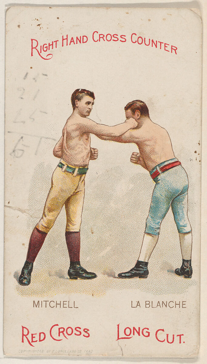 Right Hand Cross Counter, Young Mitchell and George La Blanche, from the Boxing Positions and Boxers series (N266) issued by P. Lorillard Company to promote Red Cross Long Cut Tobacco, Issued by P. Lorillard Company (American), Commercial color lithograph 