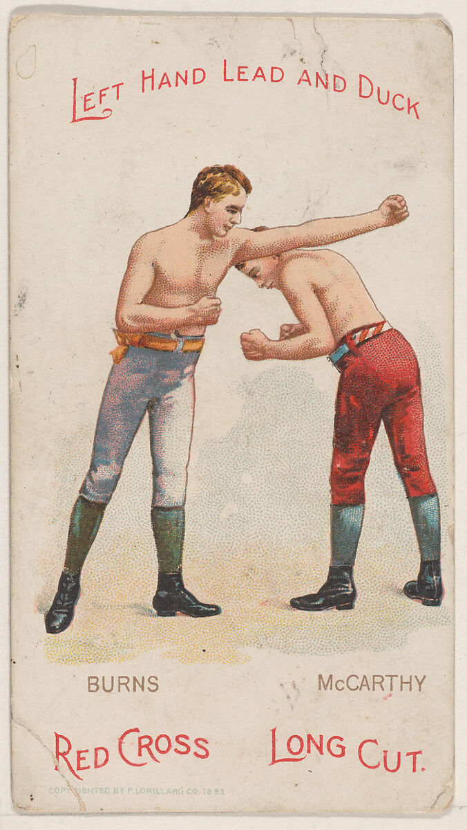 Left Hand Lead and Duck, Bobby Burns and Cal McCarthy, from the Boxing Positions and Boxers series (N266) issued by P. Lorillard Company to promote Red Cross Long Cut Tobacco, Issued by P. Lorillard Company (American), Commercial color lithograph 