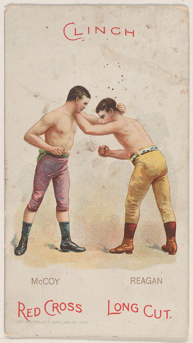 Clinch, Pete McCoy and Johnny Reagan, from the Boxing Positions and Boxers series (N266) issued by P. Lorillard Company to promote Red Cross Long Cut Tobacco, Issued by P. Lorillard Company (American), Commercial color lithograph 