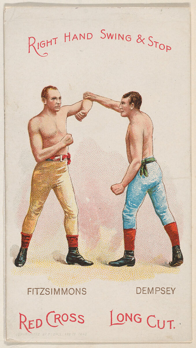 Right Hand Swing and Stop, Bob Fitzsimmons and Jack Dempsey, from the Boxing Positions and Boxers series (N266) issued by P. Lorillard Company to promote Red Cross Long Cut Tobacco, Issued by P. Lorillard Company (American), Commercial color lithograph 