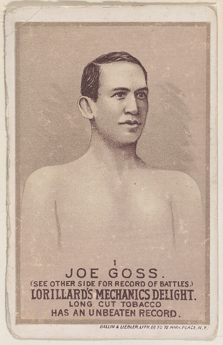 Card 1, Joe Goss, from the Prizefighters series (N269) issued by P. Lorillard Company to promote Mechanics Delight Long Cut Tobacco, Issued by P. Lorillard Company (American), Commercial color lithograph 