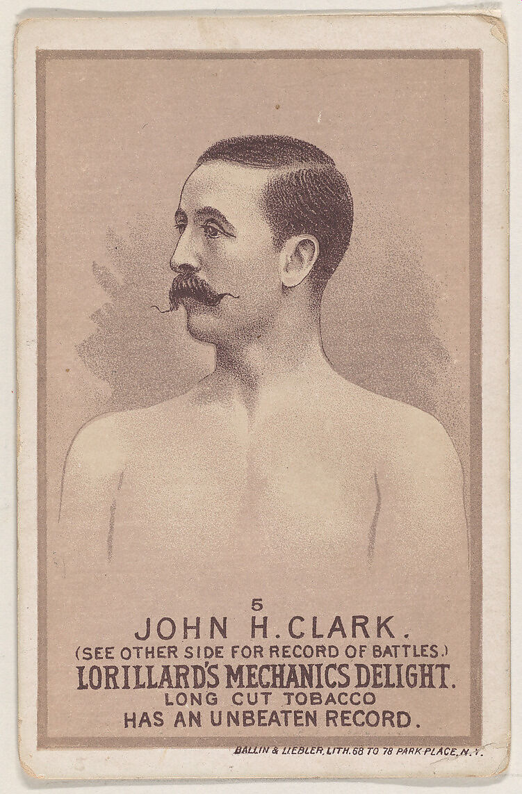Card 5, John H. Clark, from the Prizefighters series (N269) issued by P. Lorillard Company to promote Mechanics Delight Long Cut Tobacco, Issued by P. Lorillard Company (American), Commercial color lithograph 