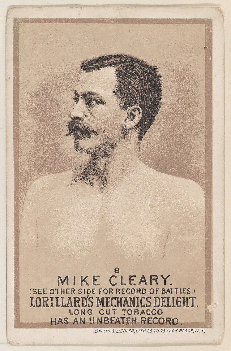 Card 8, Mike Cleary, from the Prizefighters series (N269) issued by P. Lorillard Company to promote Mechanics Delight Long Cut Tobacco, Issued by P. Lorillard Company (American), Commercial color lithograph 