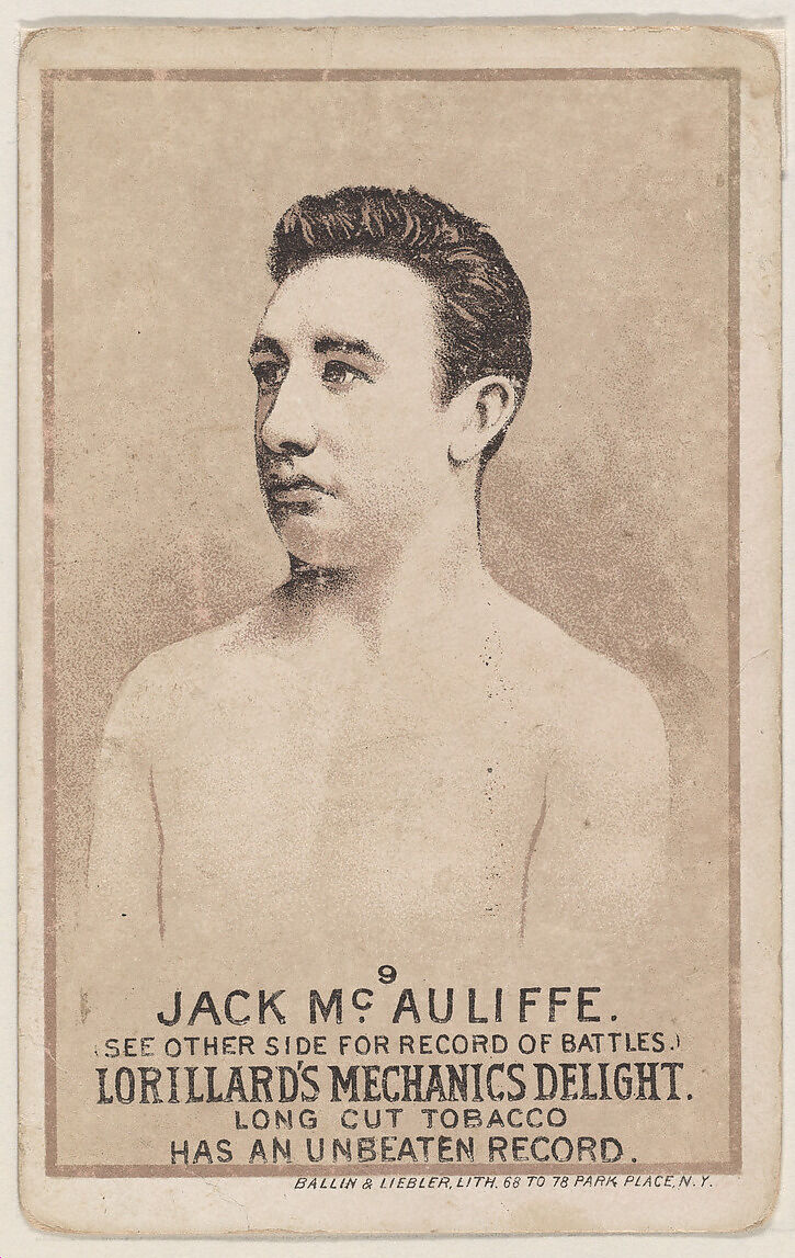 Card 9, Jack McAuliffe, from the Prizefighters series (N269) issued by P. Lorillard Company to promote Mechanics Delight Long Cut Tobacco, Issued by P. Lorillard Company (American), Commercial color lithograph 
