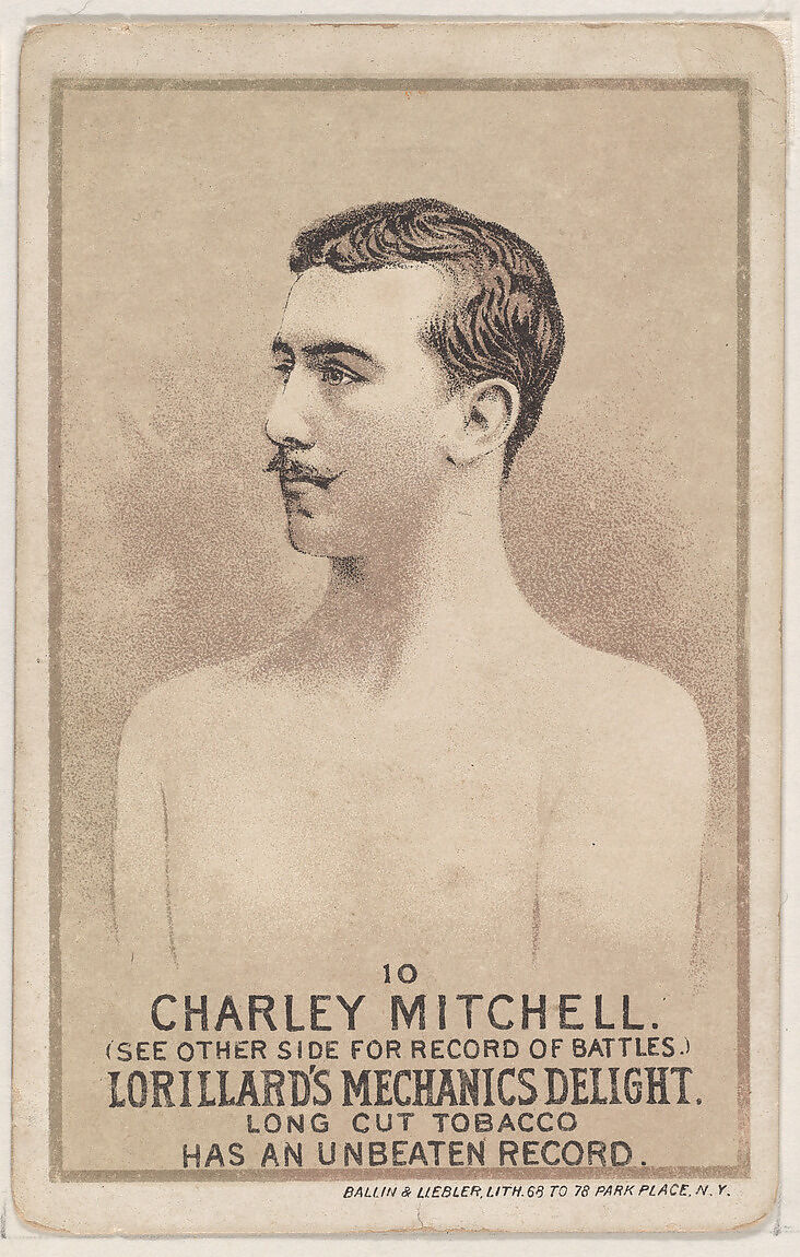 Card 10, Charley Mitchell, from the Prizefighters series (N269) issued by P. Lorillard Company to promote Mechanics Delight Long Cut Tobacco, Issued by P. Lorillard Company (American), Commercial color lithograph 