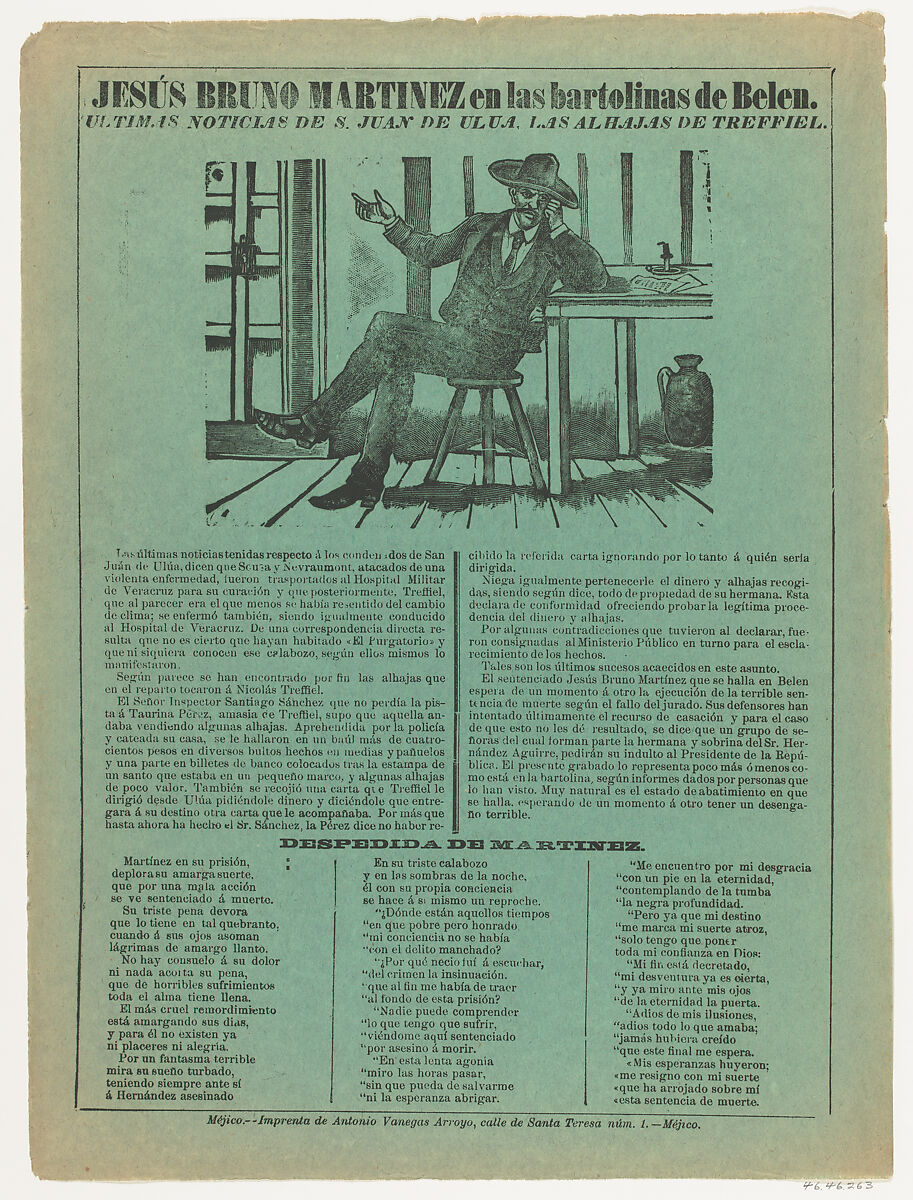Broadsheet relating to Jesús Bruno Martinez in prison in Belen, José Guadalupe Posada (Mexican, Aguascalientes 1852–1913 Mexico City), Type-metal engraving and letterpress on green paper 
