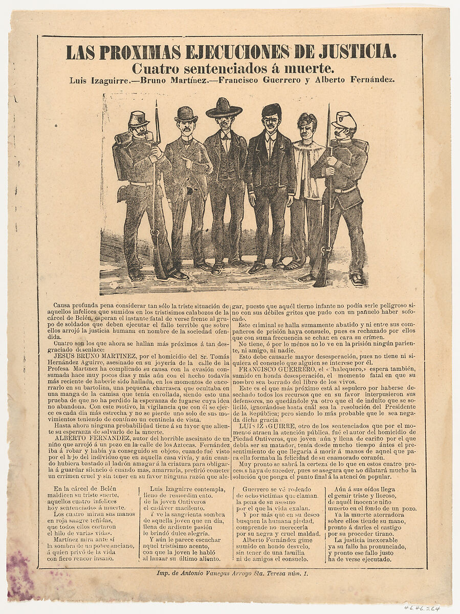 Broadsheet relating to the execution of four men in the name of justice, José Guadalupe Posada (Mexican, Aguascalientes 1852–1913 Mexico City), Type-metal engraving and letterpress on buff paper 