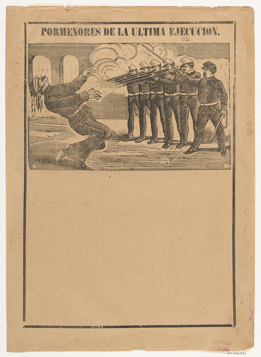 Broadsheet showing a blindfolded man being executed (no letterpress in bottom section), José Guadalupe Posada (Mexican, Aguascalientes 1852–1913 Mexico City), Type-metal engraving on buff paper 