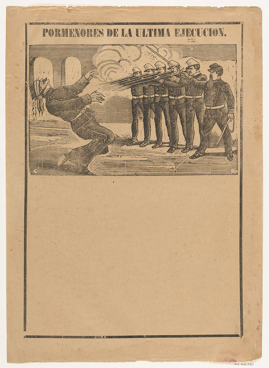 Broadsheet showing a blindfolded man being executed (no letterpress in bottom section), José Guadalupe Posada (Mexican, Aguascalientes 1852–1913 Mexico City), Type-metal engraving on buff paper