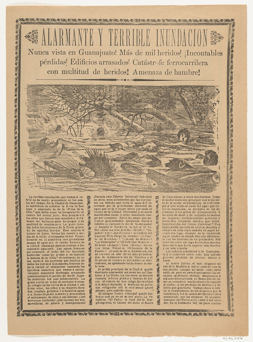 Flyer relating to the terrible flood in Guanajuato in 1905, José Guadalupe Posada (Mexican, Aguascalientes 1852–1913 Mexico City), Zincograph and letterpress on buff paper 