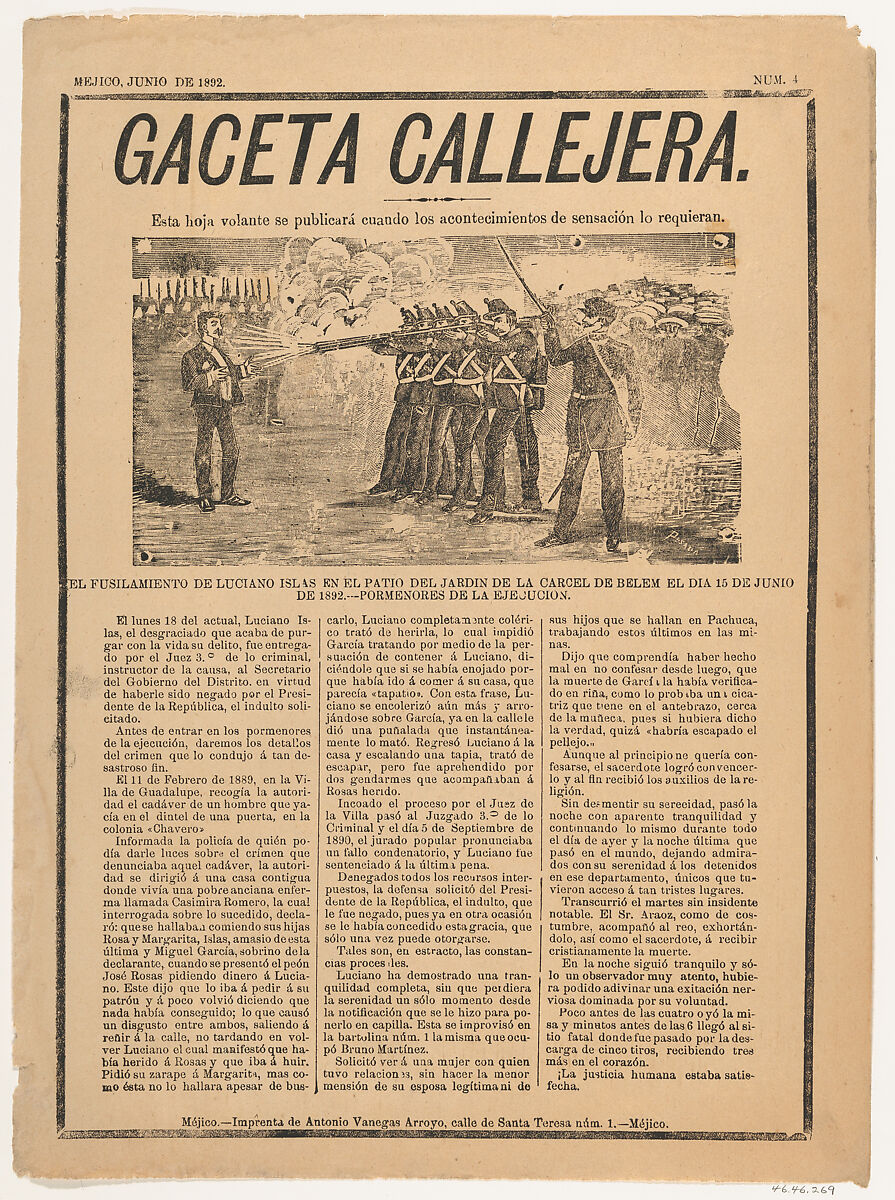 Page from the 'Gaceta Callejera' relating to the execution by firing squad of Luciano Islas in the patio on the prison at Belen, José Guadalupe Posada (Mexican, Aguascalientes 1852–1913 Mexico City), Type-metal engraving and letterpress on buff paper 